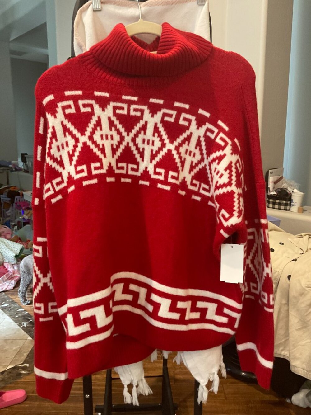 CeCe Fair Isle Turtleneck Sweater | Red & White | Size XL | NWT | Holiday